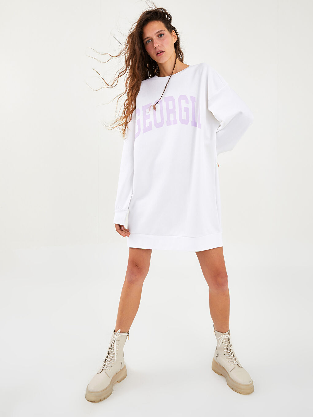 Crew Neck Slogan Printed Long Sleeve Women's Dress-1