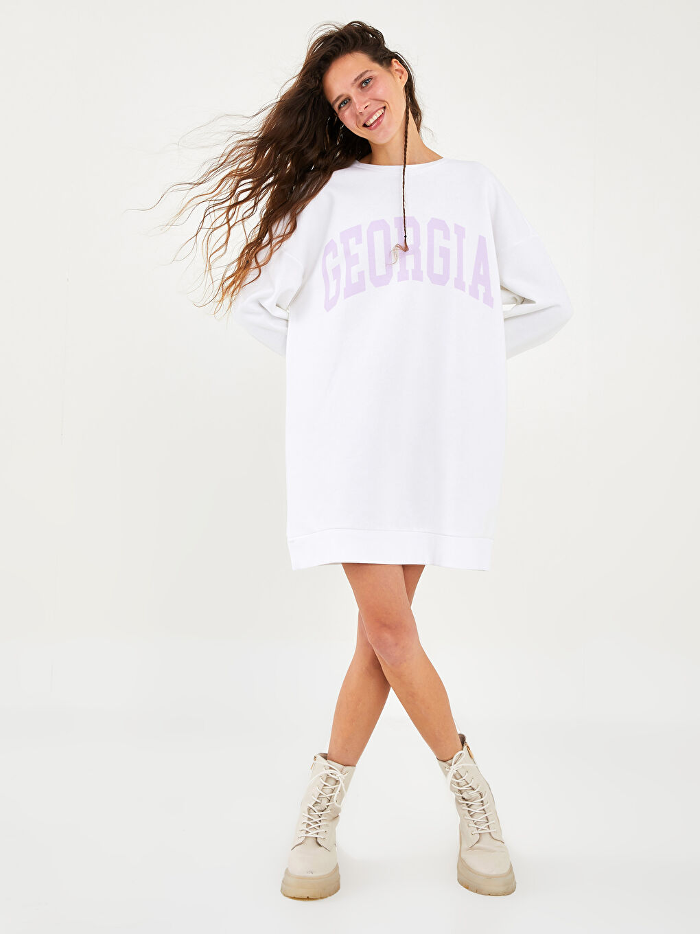 Crew Neck Slogan Printed Long Sleeve Women's Dress-2