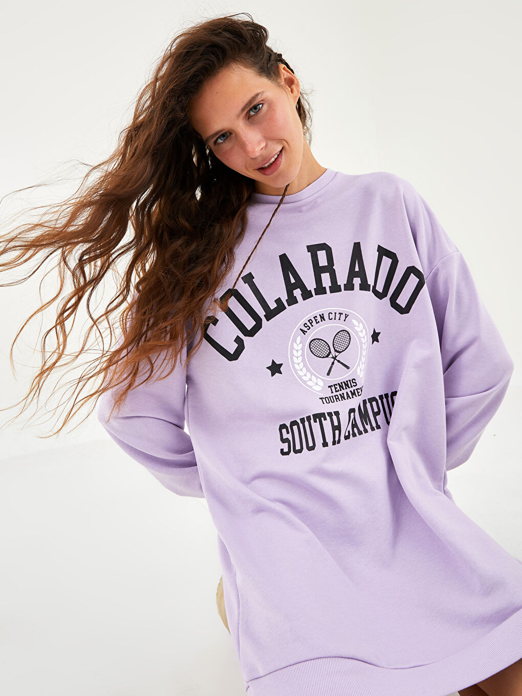 Lila Bisiklet Yaka Slogan Baskılı Uzun Kollu Kadın Elbise-1