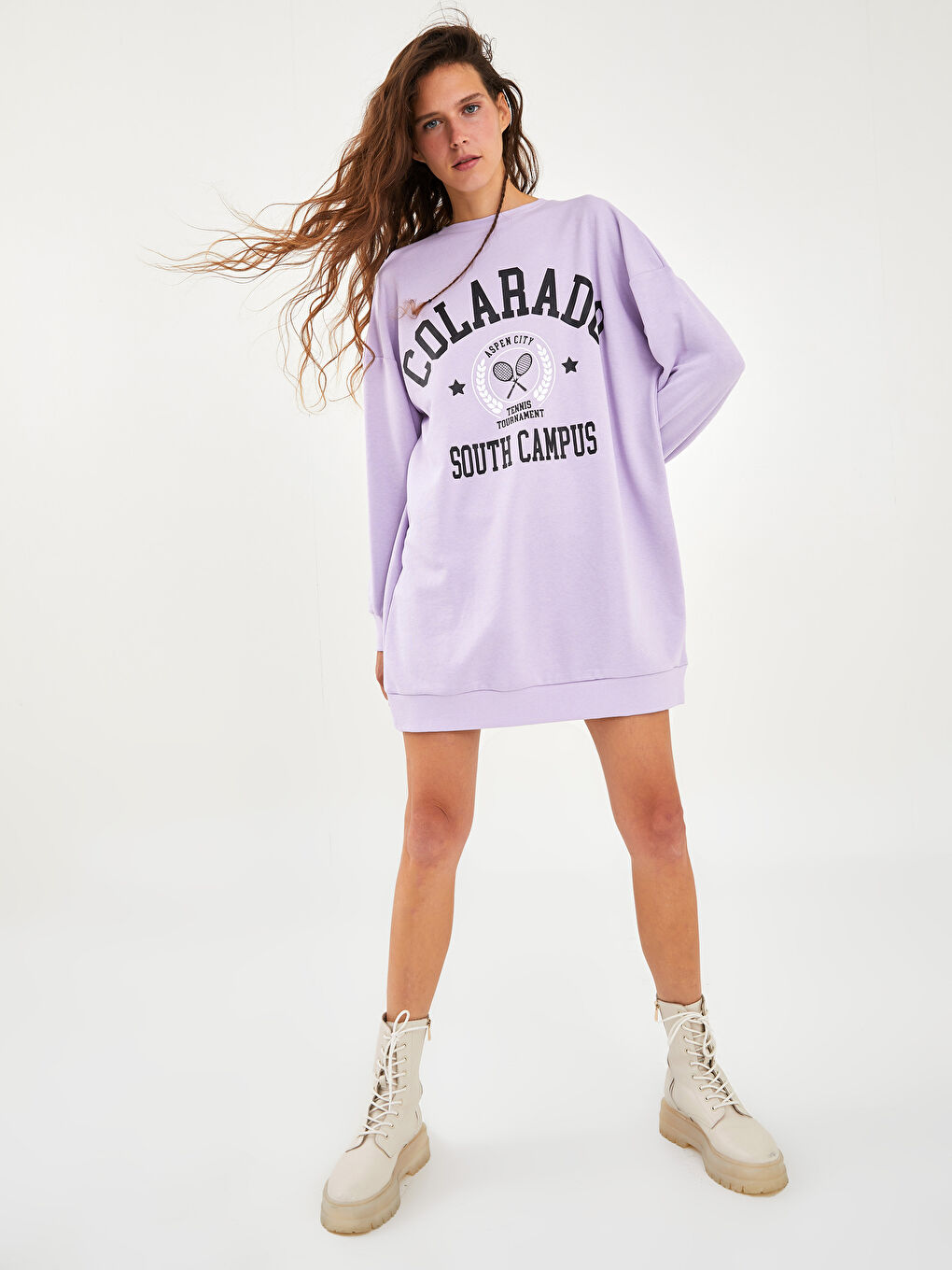 Lila Bisiklet Yaka Slogan Baskılı Uzun Kollu Kadın Elbise-2