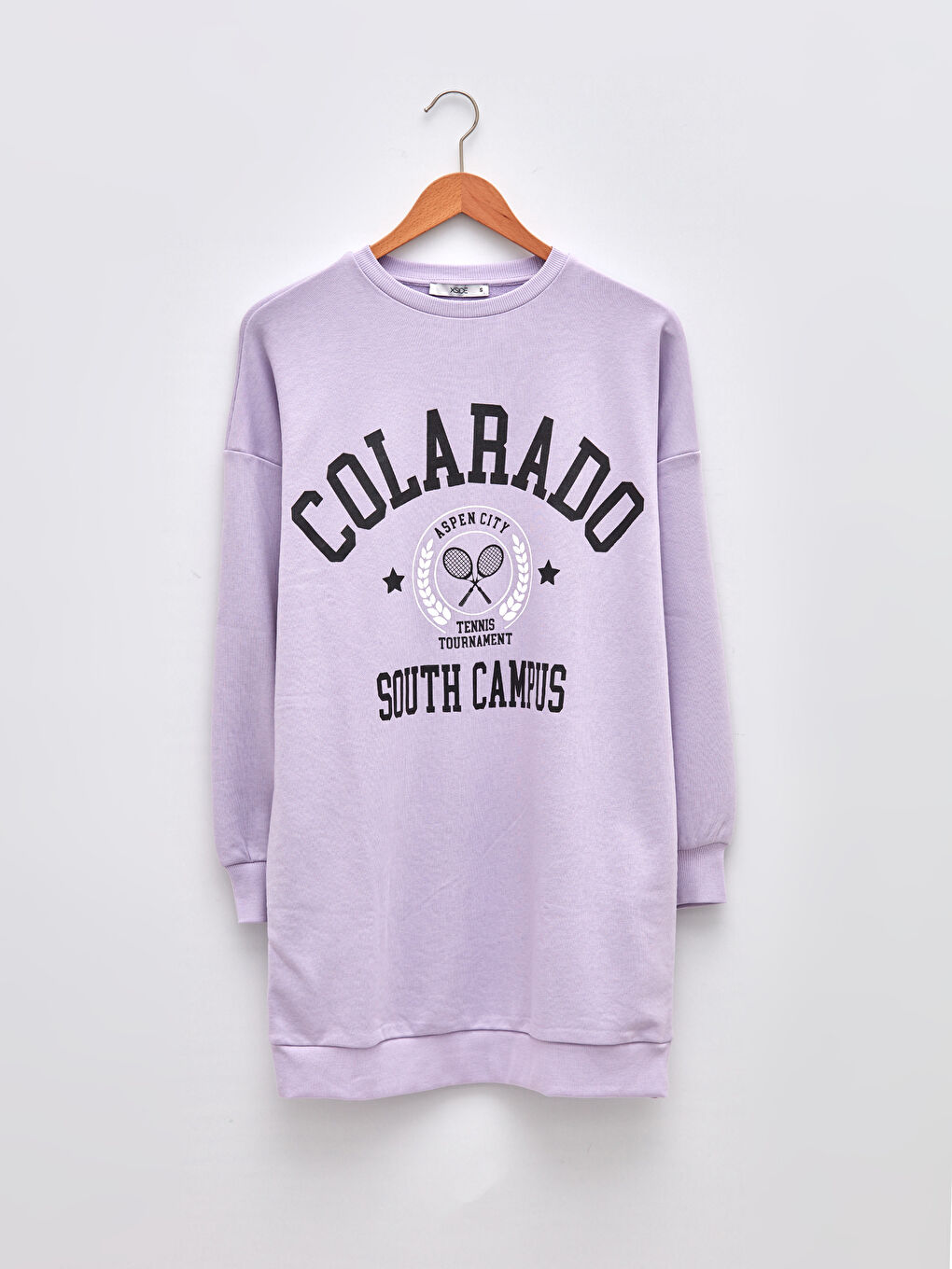 Lila Bisiklet Yaka Slogan Baskılı Uzun Kollu Kadın Elbise-5