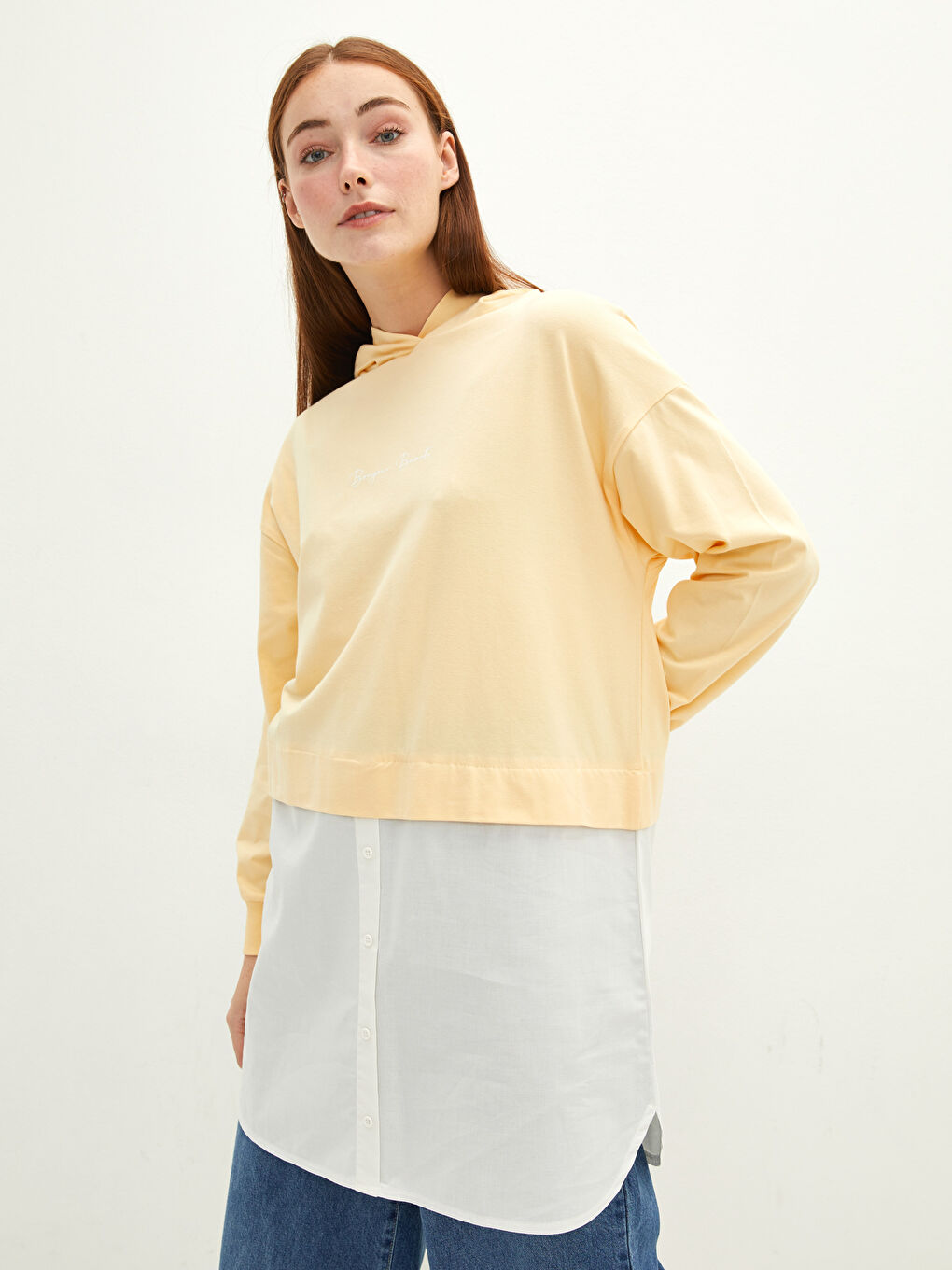 Sarı Kapüşon Yaka Baskılı Uzun Kollu Kadın Tunik-1