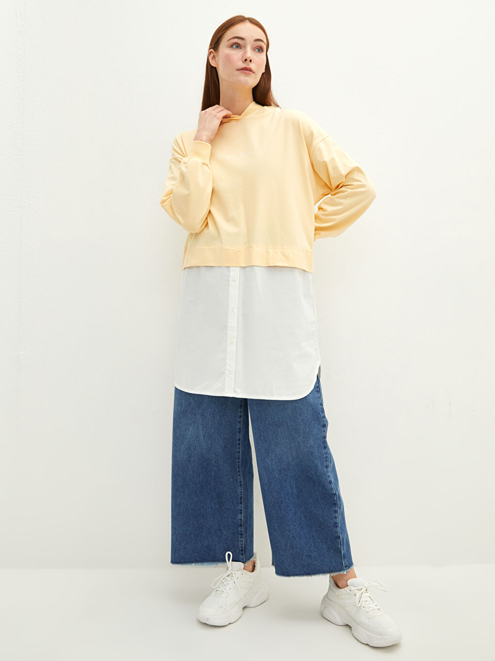 Sarı Kapüşon Yaka Baskılı Uzun Kollu Kadın Tunik-2