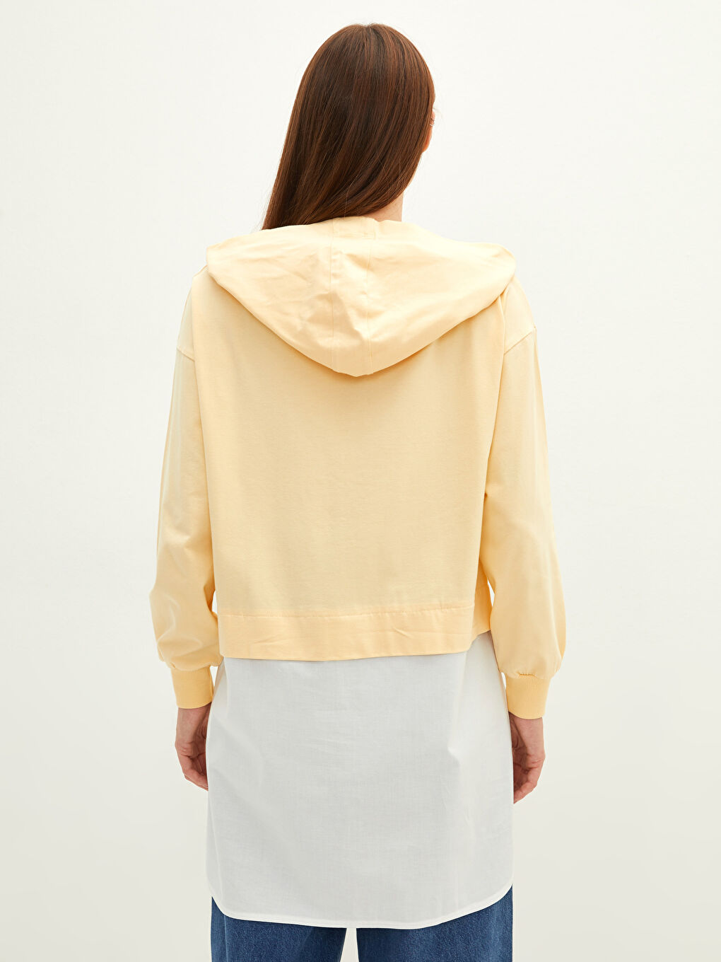 Sarı Kapüşon Yaka Baskılı Uzun Kollu Kadın Tunik-4