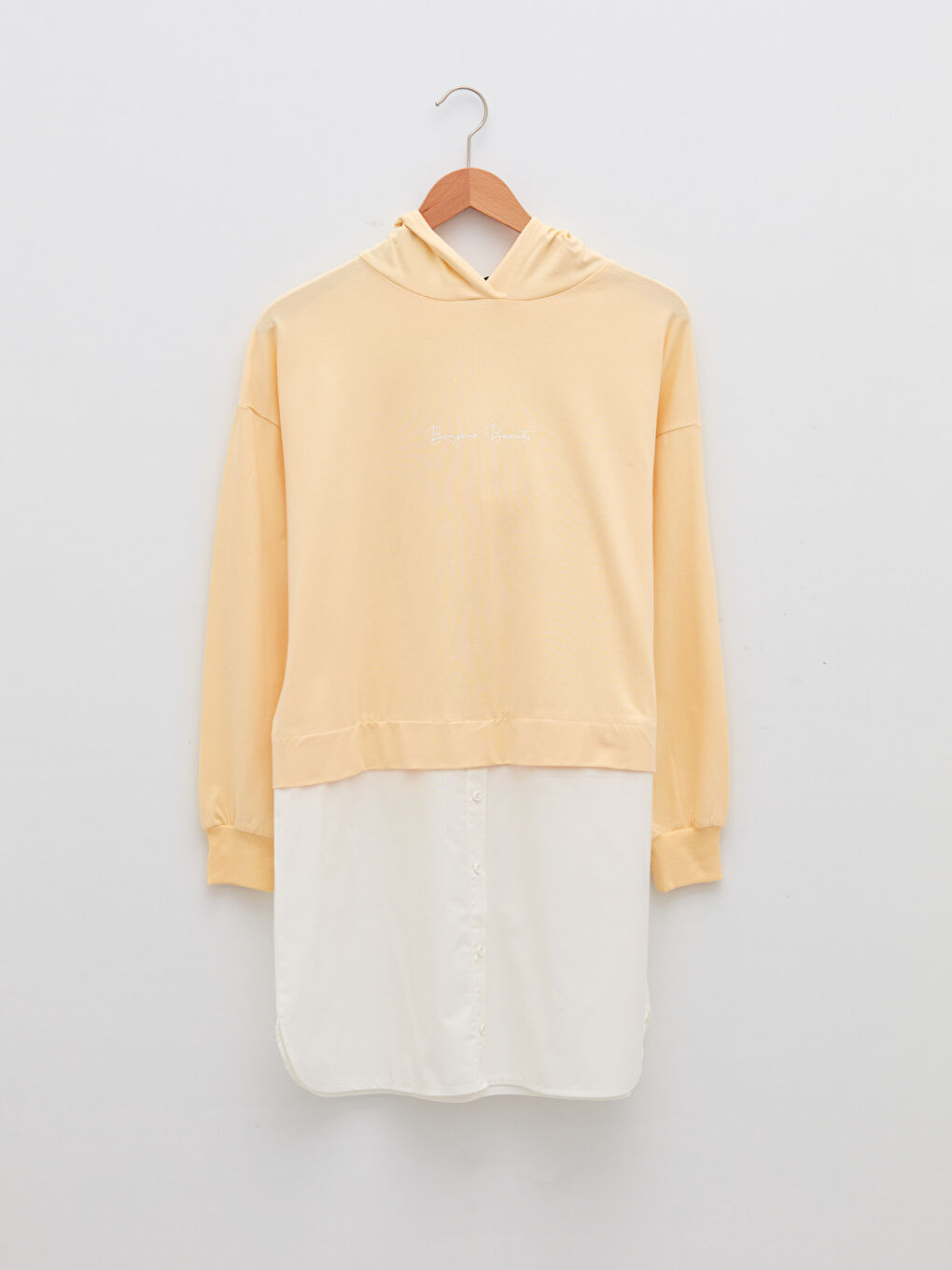 Sarı Kapüşon Yaka Baskılı Uzun Kollu Kadın Tunik-5