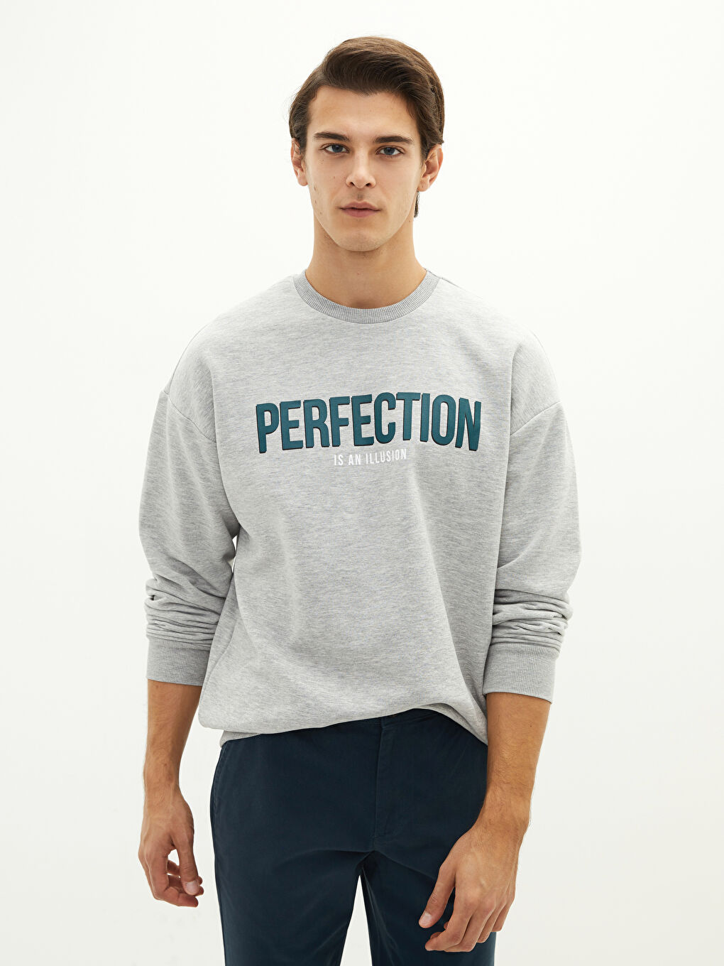 Gri Bisiklet Yaka Uzun Kollu Baskılı Erkek Sweatshirt