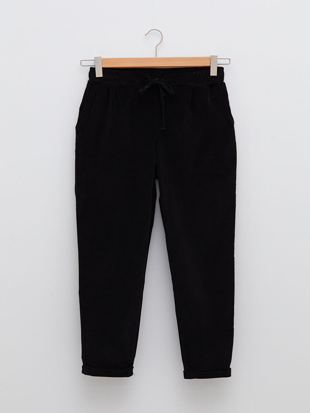 Pantalone od somota sa elastičnim strukom i detaljima vezivanja-5