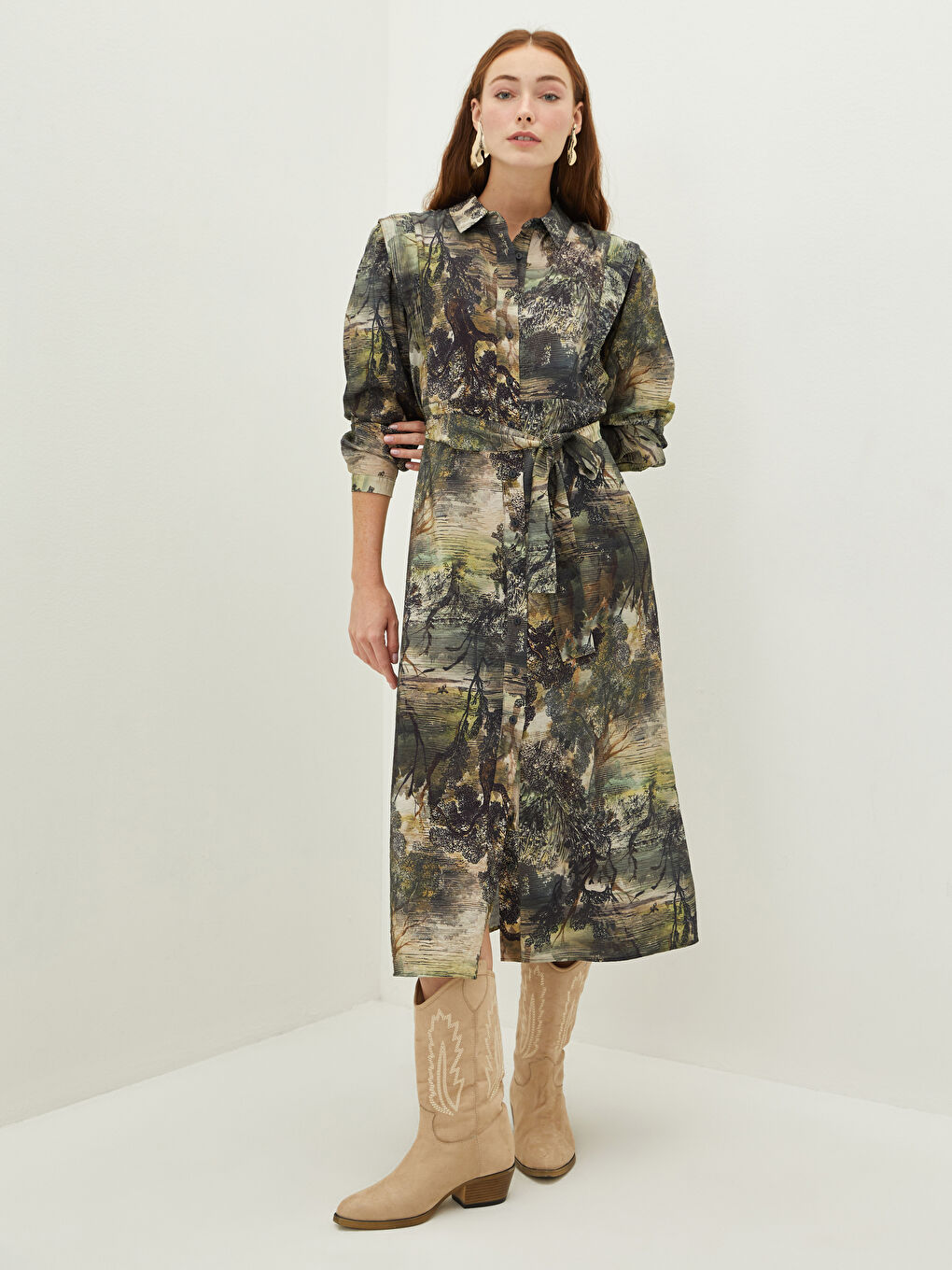 LCWAIKIKI Classic Collared Neck Patterned Long Sleeve Women's Dress -W1HF92Z8-F9C