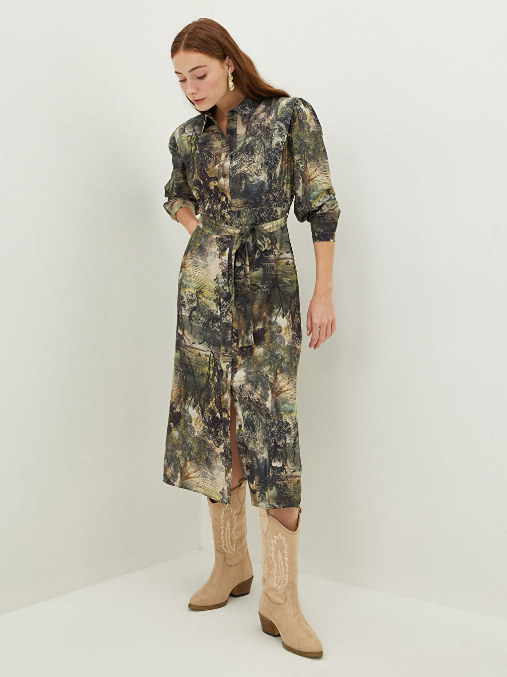 LCWAIKIKI Classic Collared Neck Patterned Long Sleeve Women's Dress -W1HF92Z8-F9C