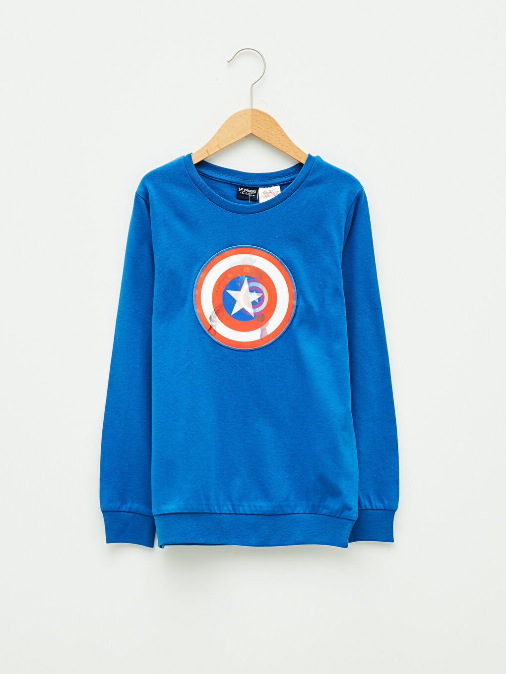 Mavi Bisiklet Yaka Captain America Hologram Baskılı Uzun Kollu Erkek Çocuk Tişört