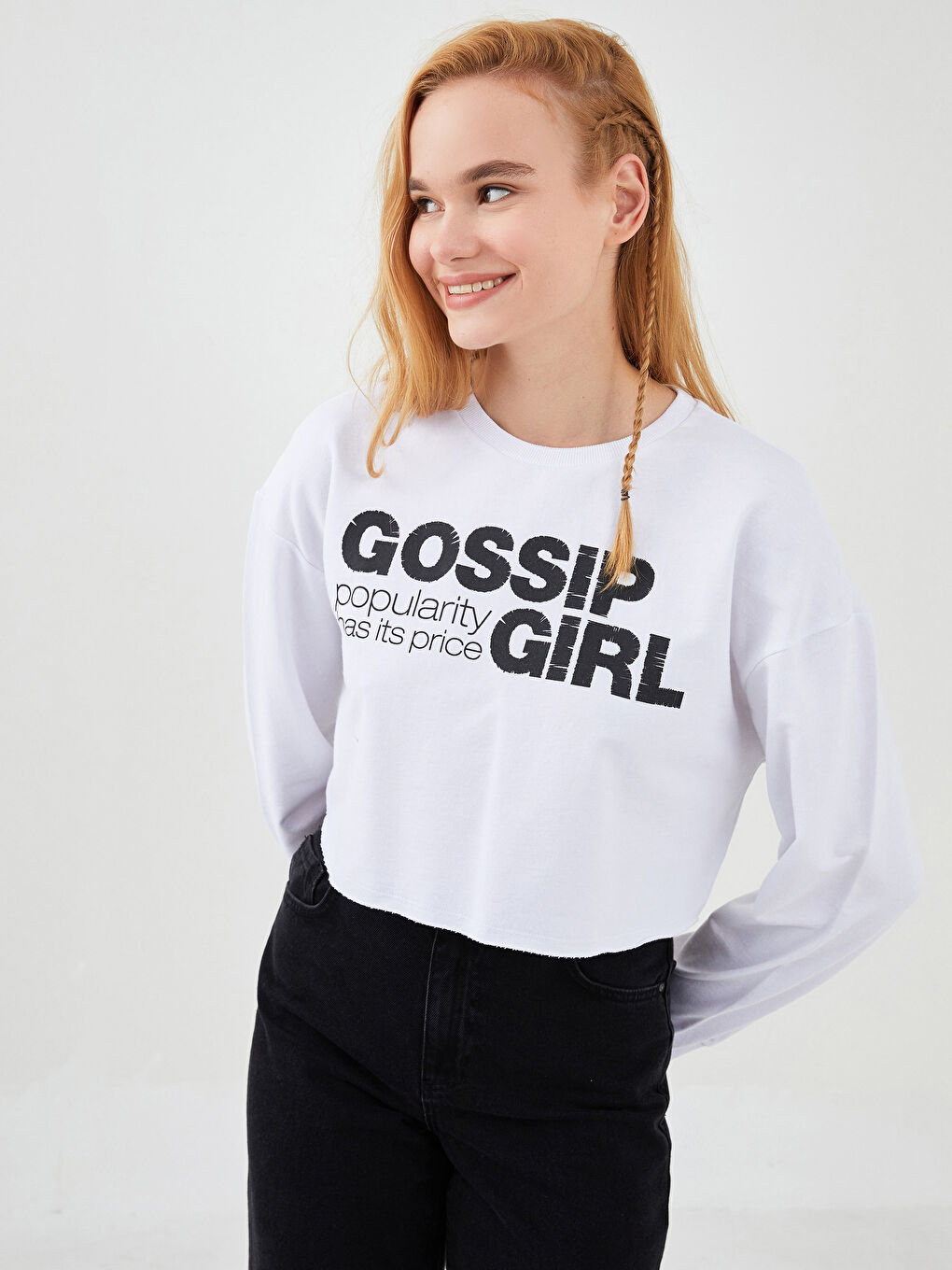 XSIDE Beyaz Bisiklet Yaka Gossip Girl Baskılı Uzun Kollu Pamuklu Kadın Sweatshirt - 1