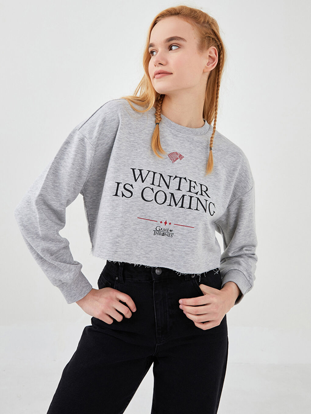 XSIDE Gri Melanj Bisiklet Yaka Game Of Thrones Baskılı Uzun Kollu Kadın Sweatshirt