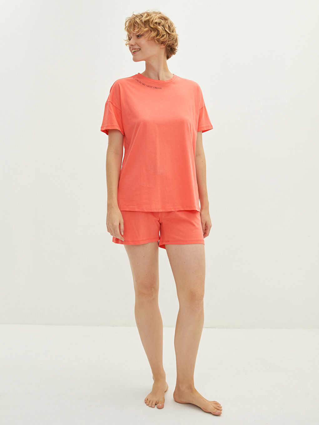 Mercan Bisiklet Yaka Baskılı Kısa Kollu Pamuklu Kadın Şortlu Pijama Takımı-2