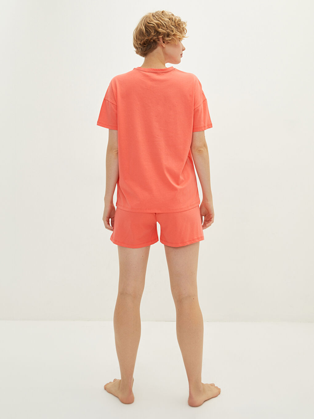 Mercan Bisiklet Yaka Baskılı Kısa Kollu Pamuklu Kadın Şortlu Pijama Takımı-4