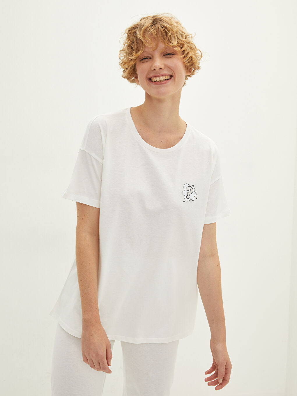 Ekru Bisiklet Yaka Baskılı Kısa Kollu Pamuklu Kadın Pijama Takımı-2