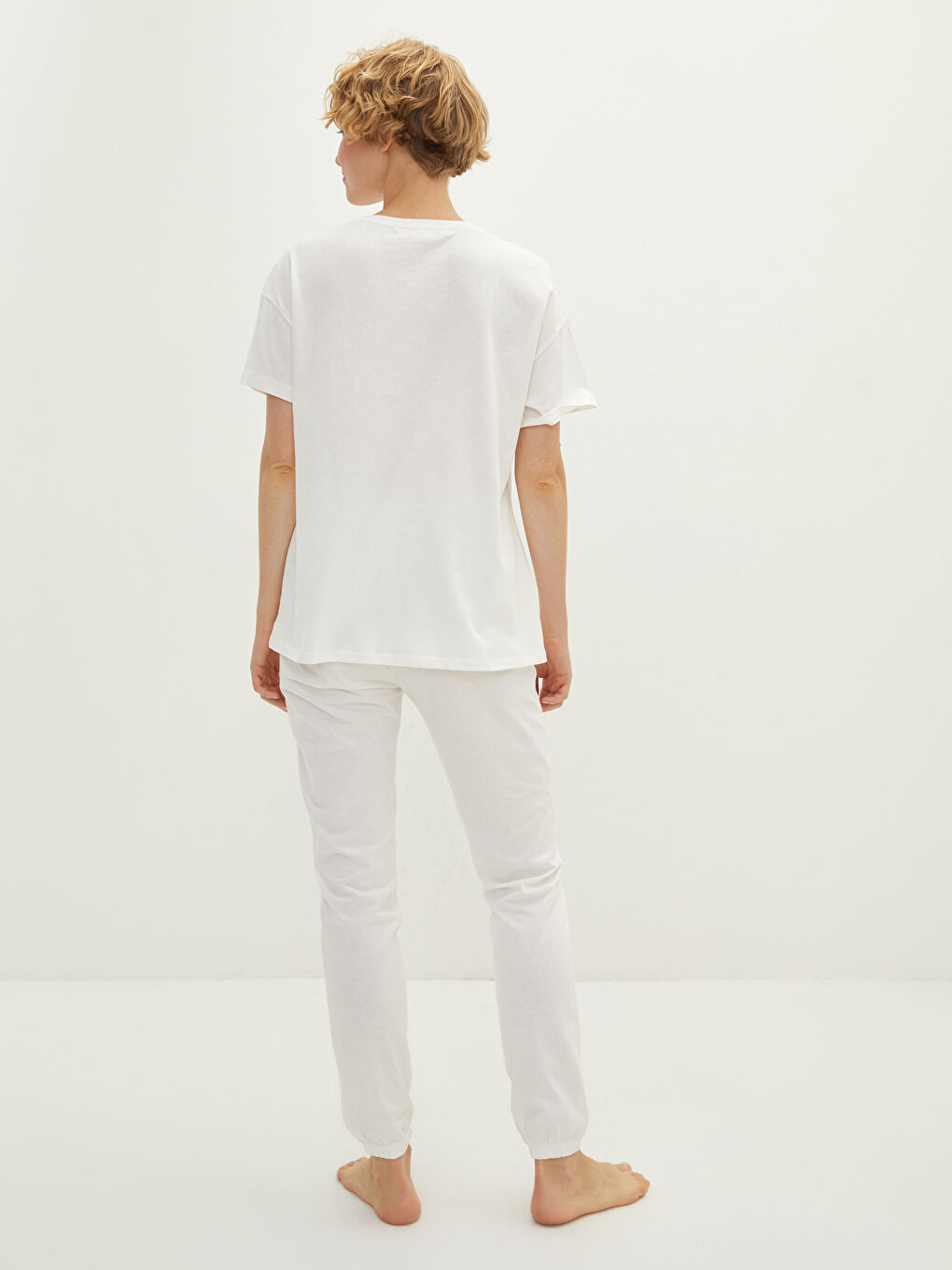 Ekru Bisiklet Yaka Baskılı Kısa Kollu Pamuklu Kadın Pijama Takımı-4