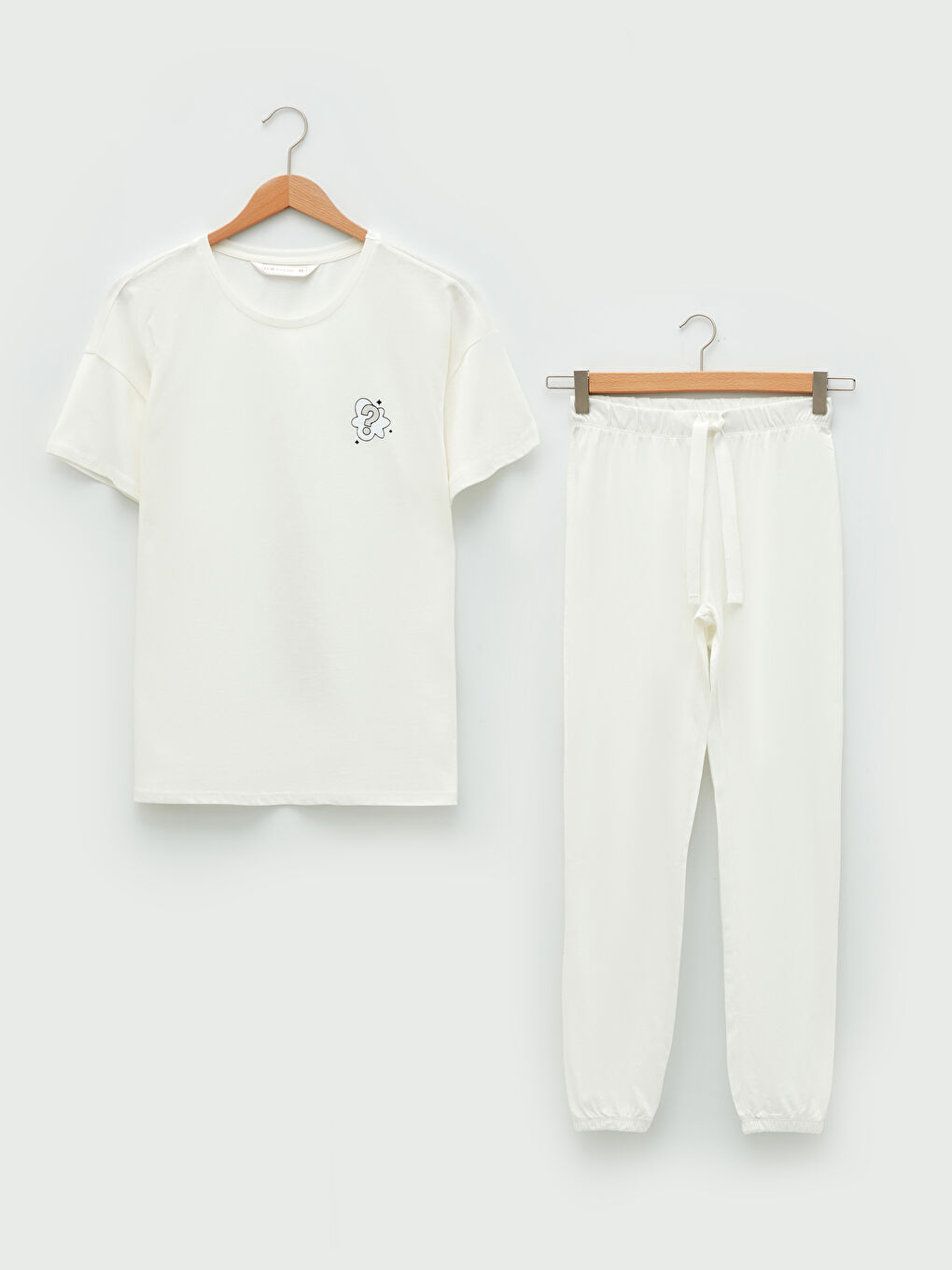 Ekru Bisiklet Yaka Baskılı Kısa Kollu Pamuklu Kadın Pijama Takımı-5