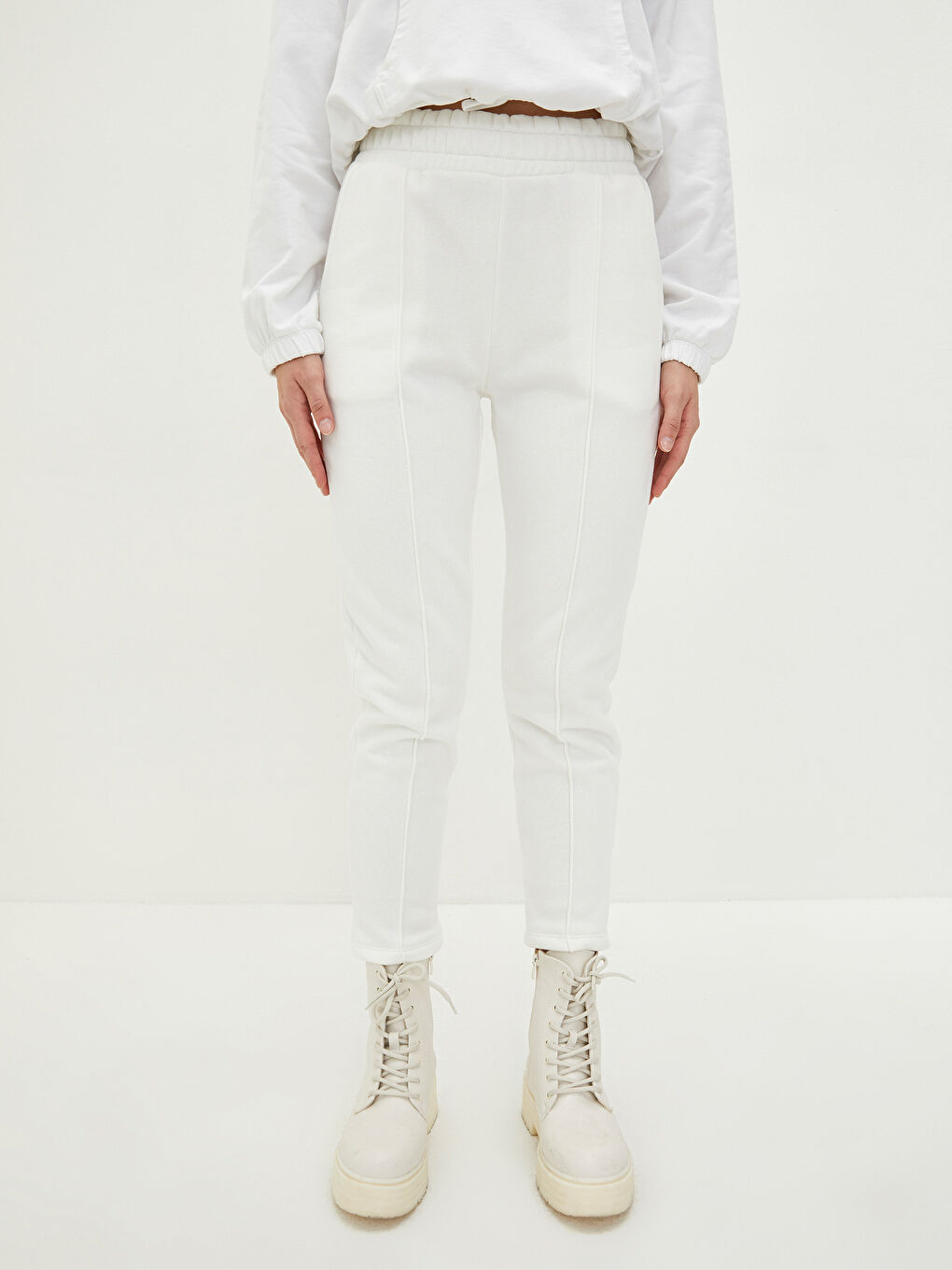 Ekru Beli Lastikli Düz Cep Detaylı Kadın Kalın Eşofman Altı-2