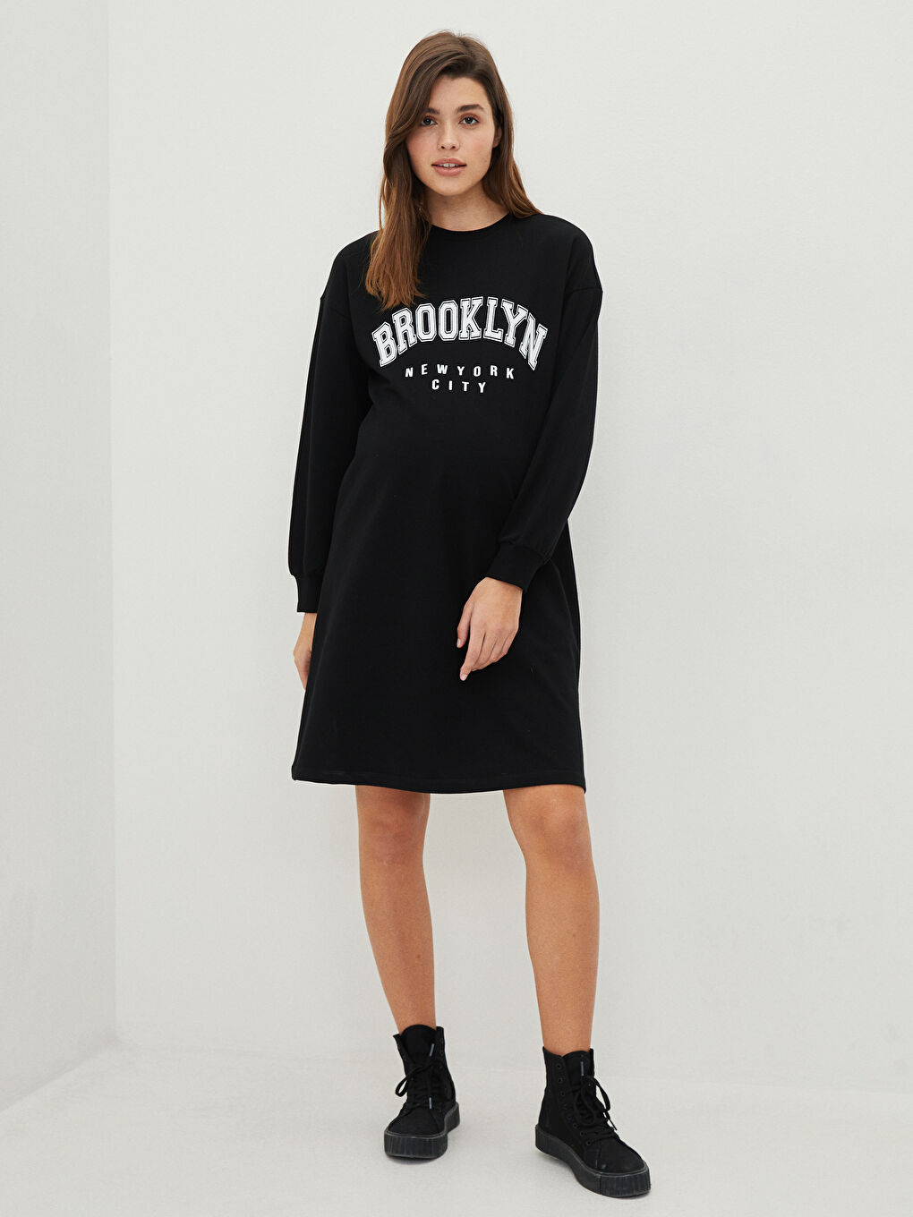 Siyah Bisiklet Yaka Baskılı Uzun Kollu Hamile Elbise-3