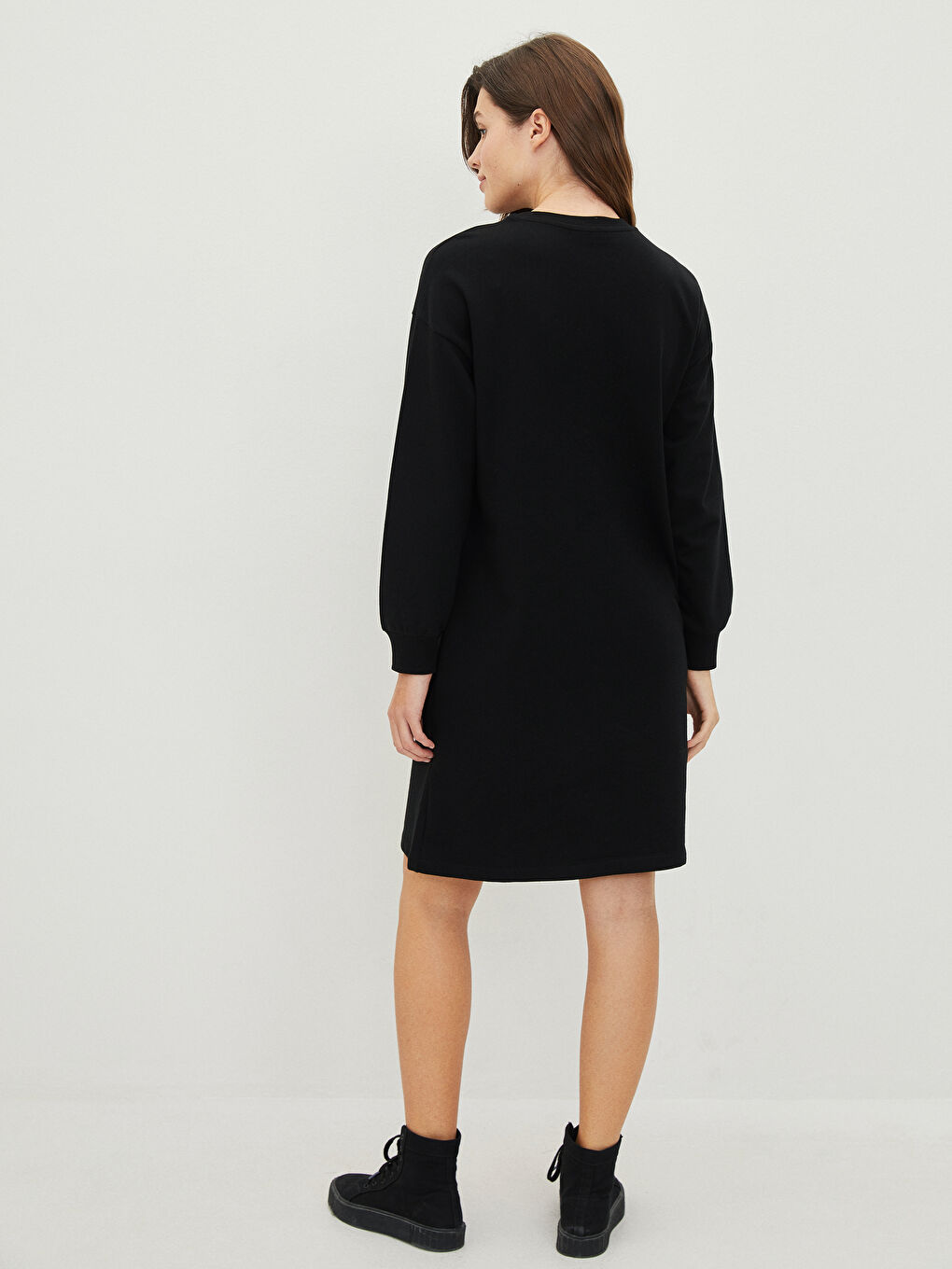 Siyah Bisiklet Yaka Baskılı Uzun Kollu Hamile Elbise-4