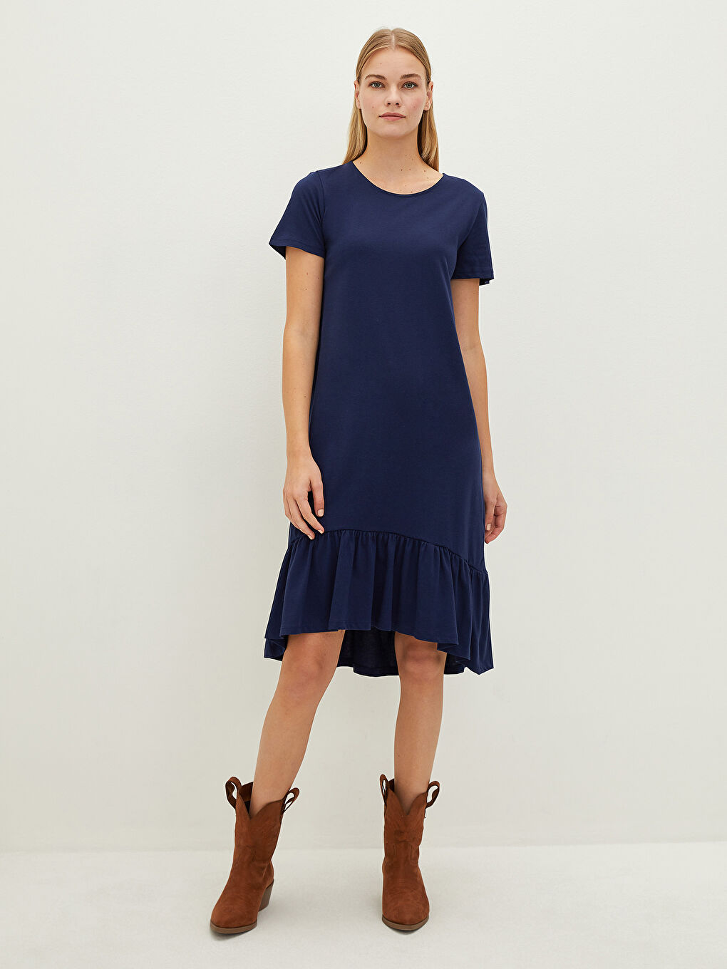 Lacivert Bisiklet Yaka Düz Kısa Kollu Pamuklu Kadın Elbise