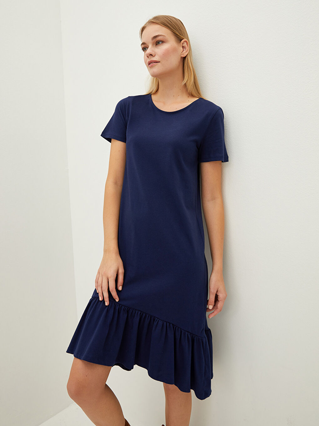 Lacivert Bisiklet Yaka Düz Kısa Kollu Pamuklu Kadın Elbise-1
