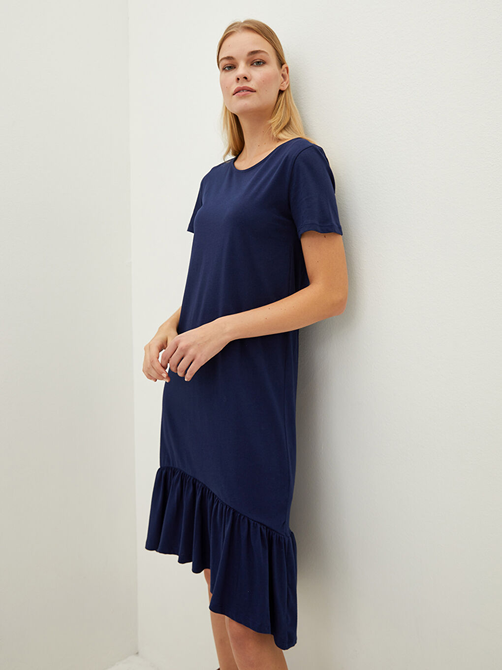 Lacivert Bisiklet Yaka Düz Kısa Kollu Pamuklu Kadın Elbise-2