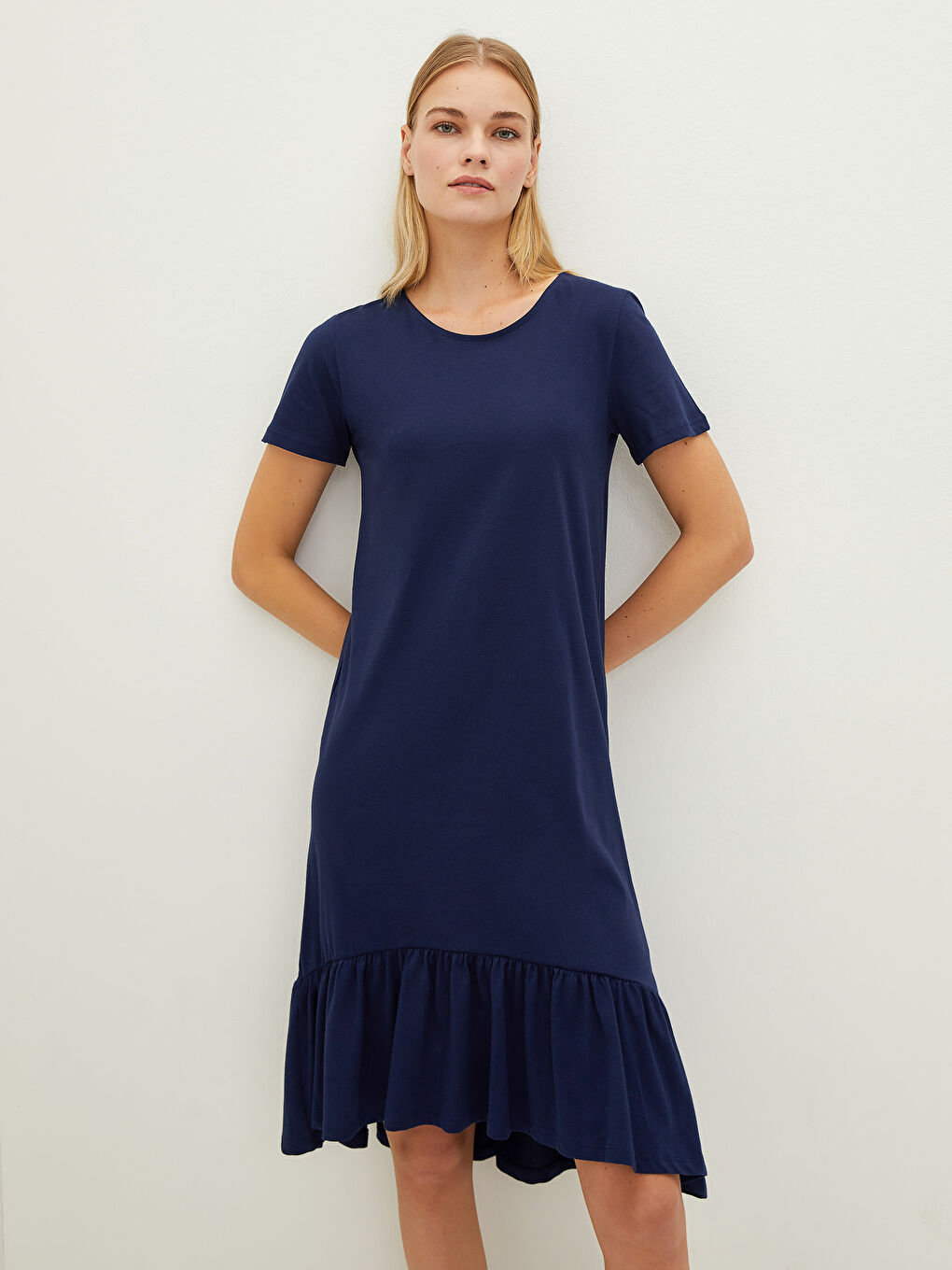 Lacivert Bisiklet Yaka Düz Kısa Kollu Pamuklu Kadın Elbise-3