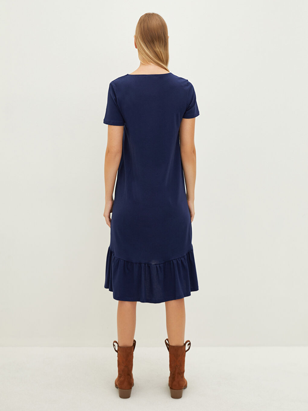 Lacivert Bisiklet Yaka Düz Kısa Kollu Pamuklu Kadın Elbise-4