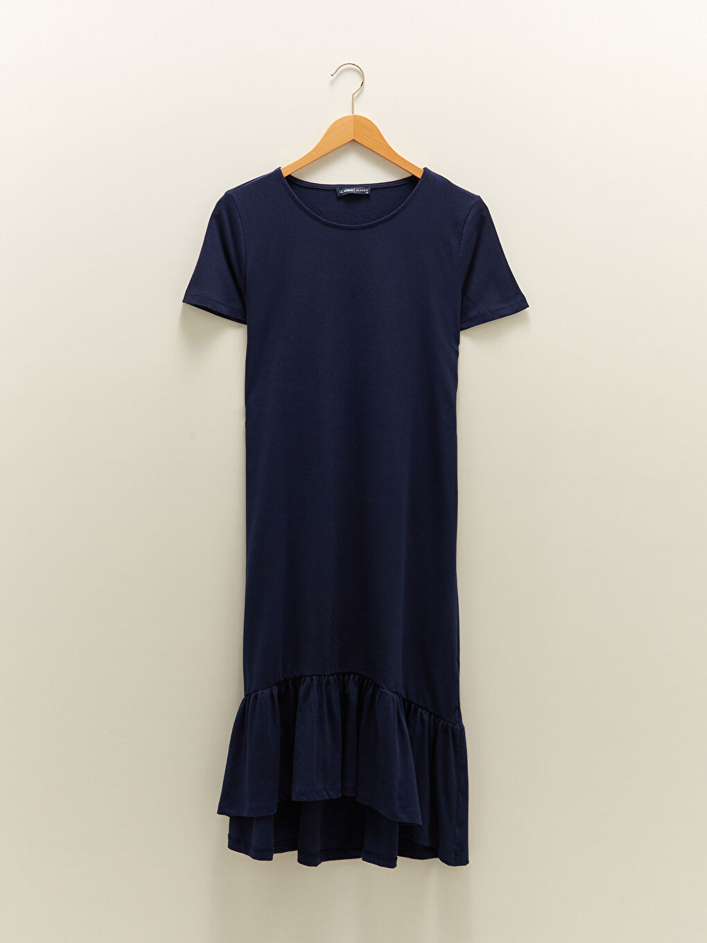 Lacivert Bisiklet Yaka Düz Kısa Kollu Pamuklu Kadın Elbise-5