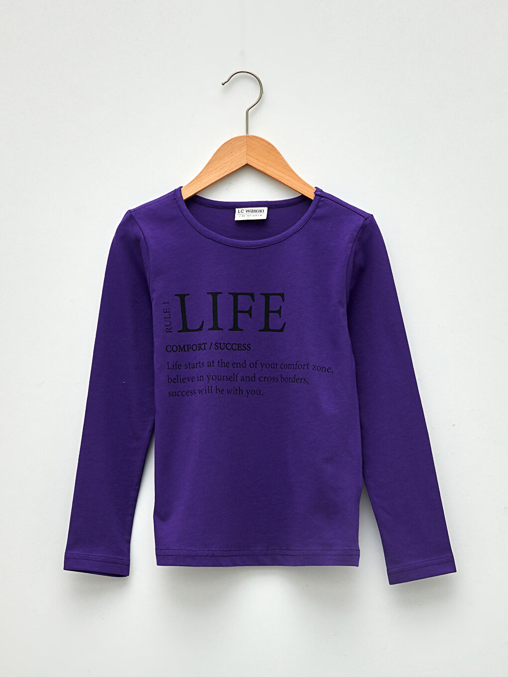 Mor Bisiklet Yaka Baskılı Uzun Kollu Kız Çocuk Tişört