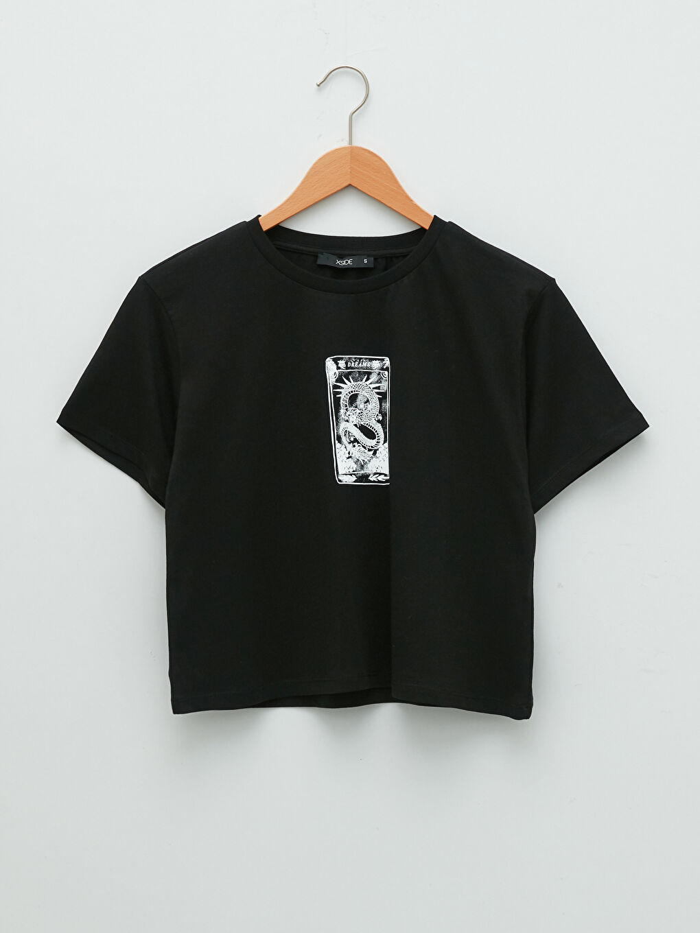 Siyah Bisiklet Yaka Baskılı Kısa Kollu Pamuklu Kadın Tişört-5