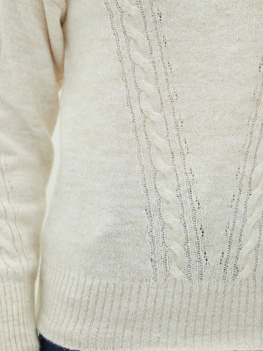 Ekru Balıkçı Yaka Kendinden Desenli Uzun Kollu Kadın Triko Kazak-2