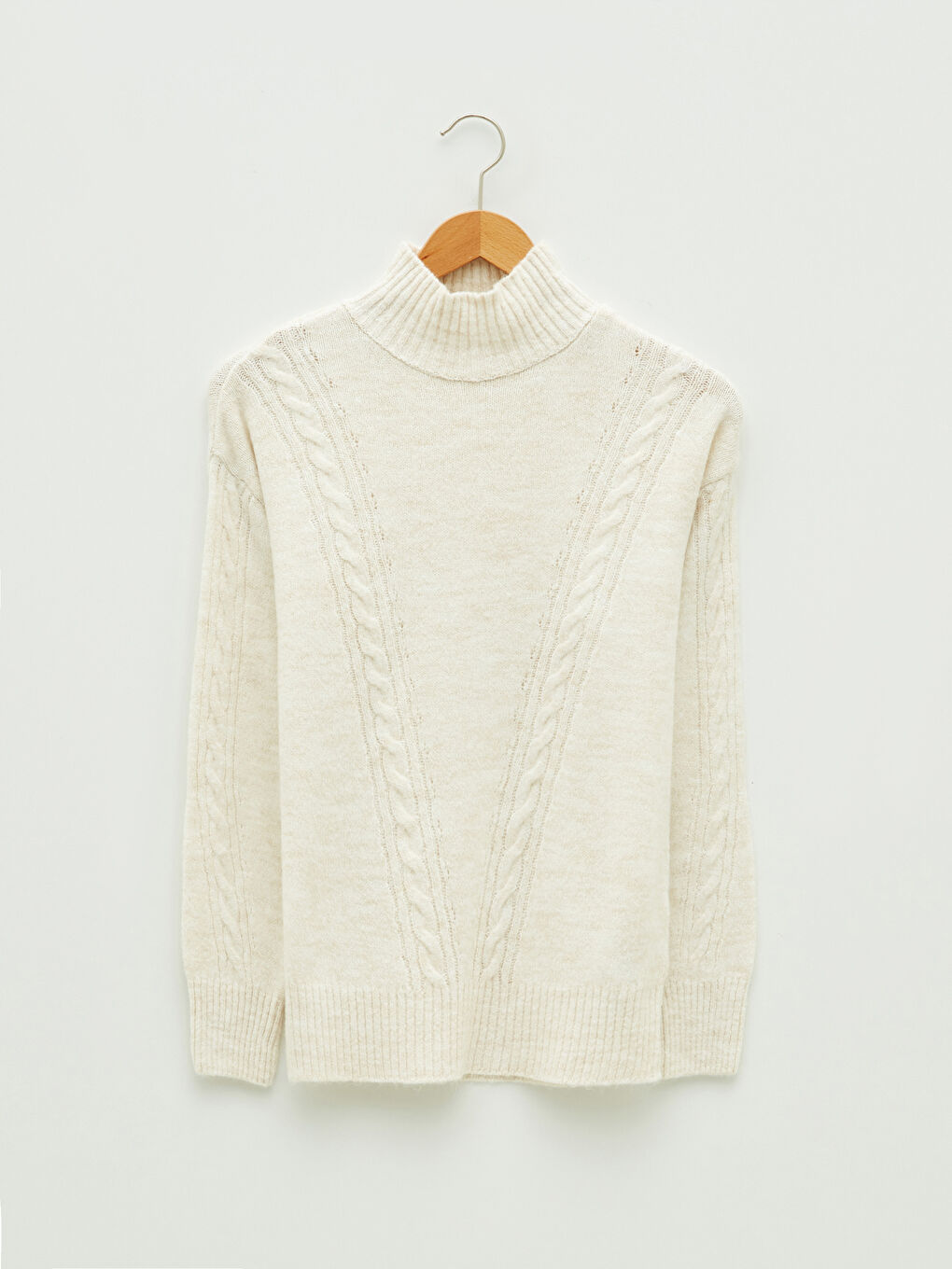 Ekru Balıkçı Yaka Kendinden Desenli Uzun Kollu Kadın Triko Kazak-5