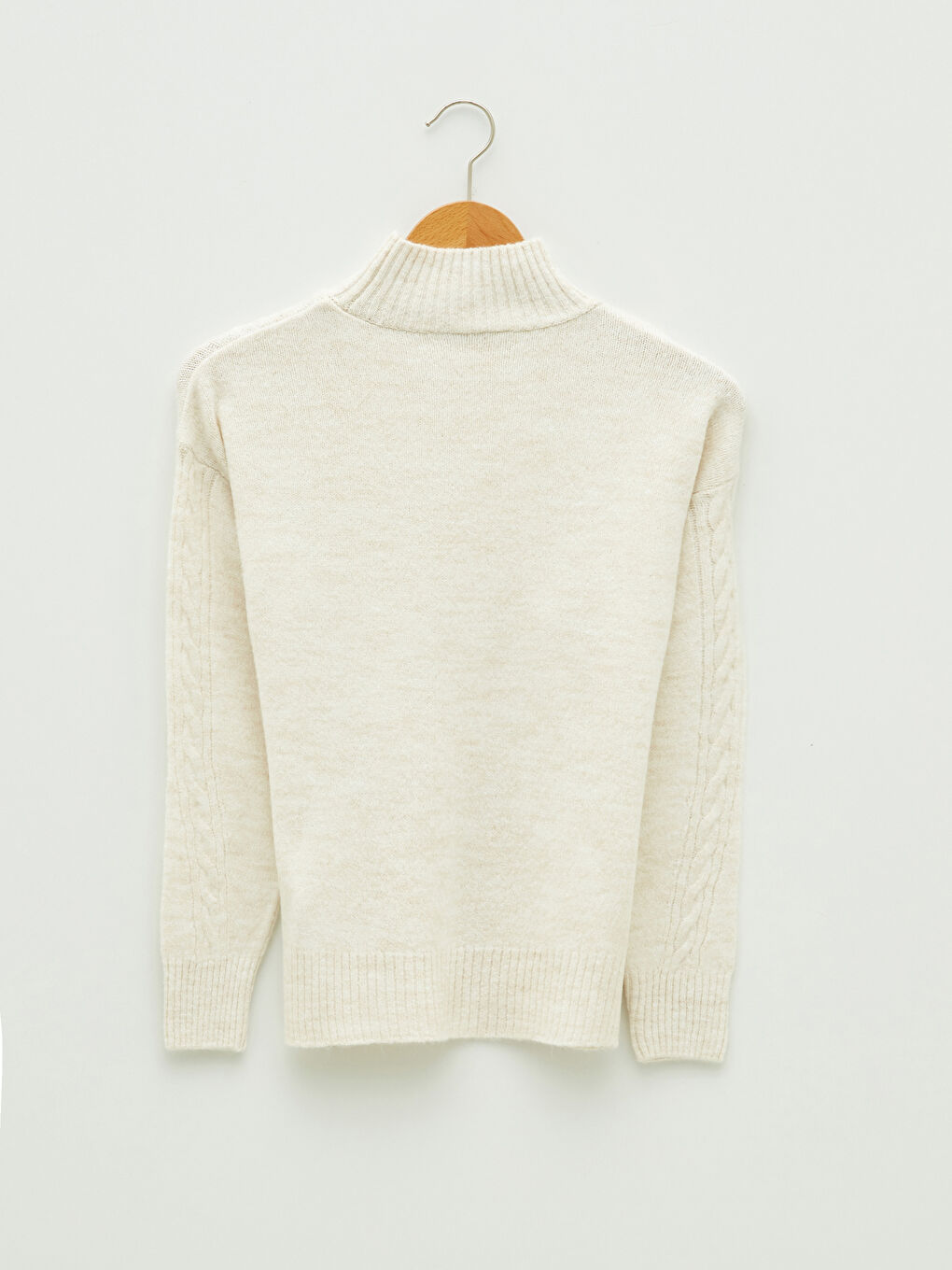 Ekru Balıkçı Yaka Kendinden Desenli Uzun Kollu Kadın Triko Kazak-6