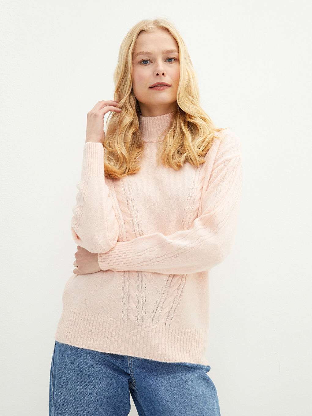 Pembe Balıkçı Yaka Kendinden Desenli Uzun Kollu Kadın Triko Kazak