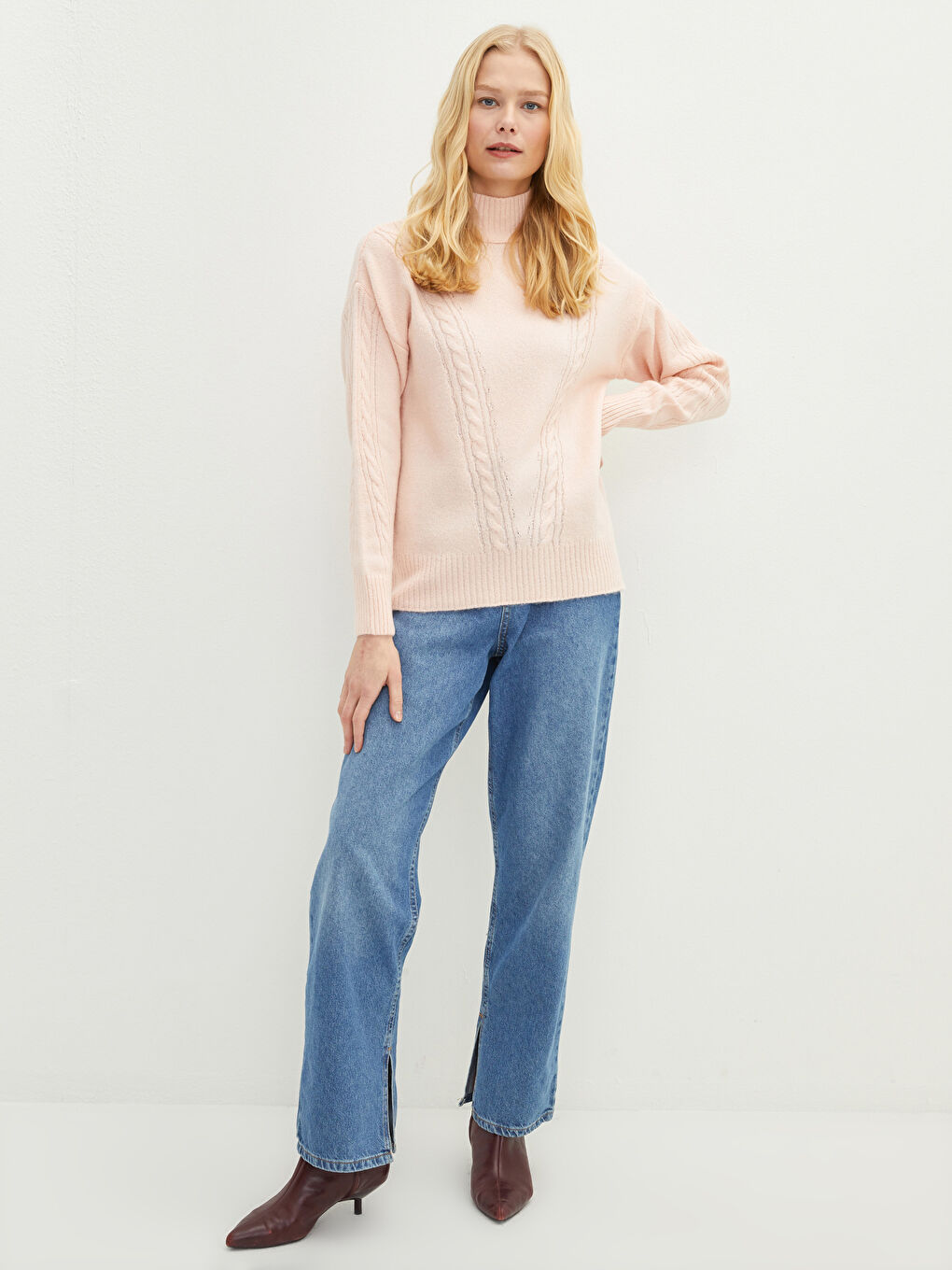 Pembe Balıkçı Yaka Kendinden Desenli Uzun Kollu Kadın Triko Kazak-1