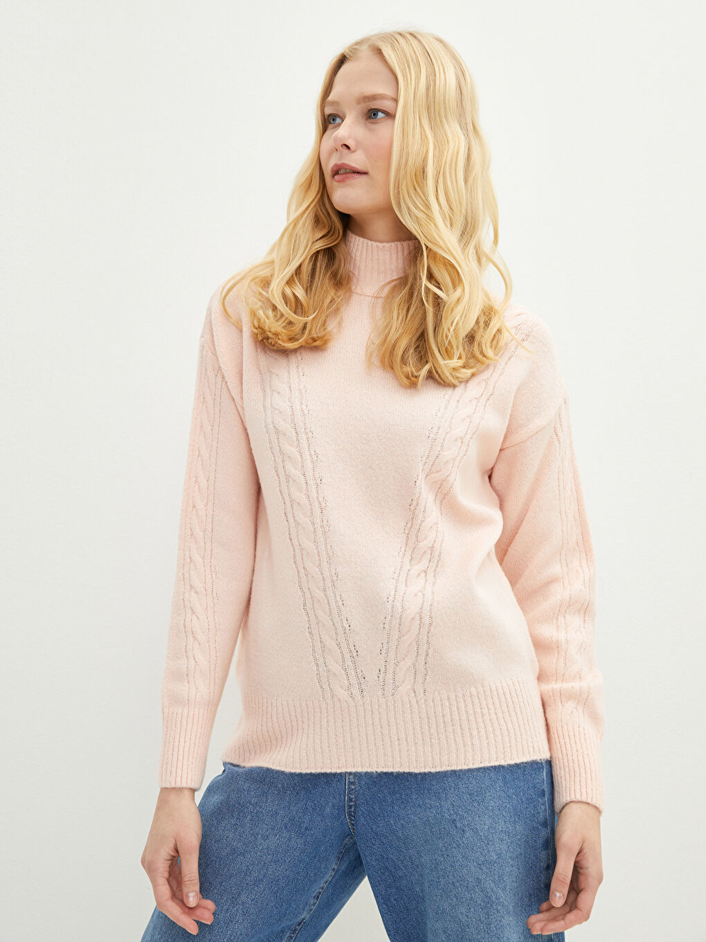 Pembe Balıkçı Yaka Kendinden Desenli Uzun Kollu Kadın Triko Kazak-2