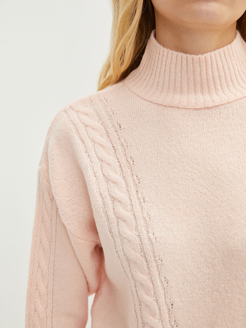 Pembe Balıkçı Yaka Kendinden Desenli Uzun Kollu Kadın Triko Kazak-3