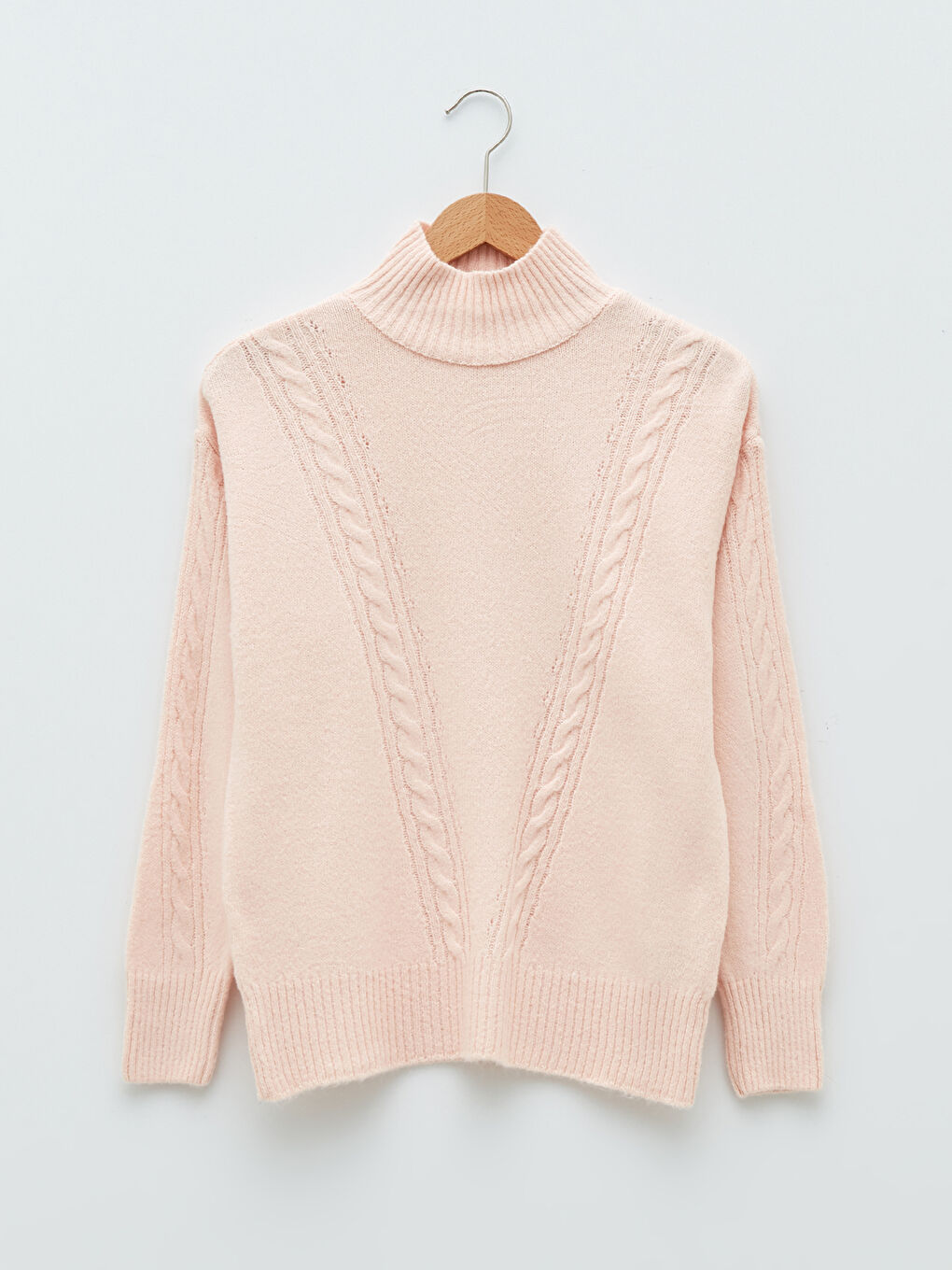 Pembe Balıkçı Yaka Kendinden Desenli Uzun Kollu Kadın Triko Kazak-5