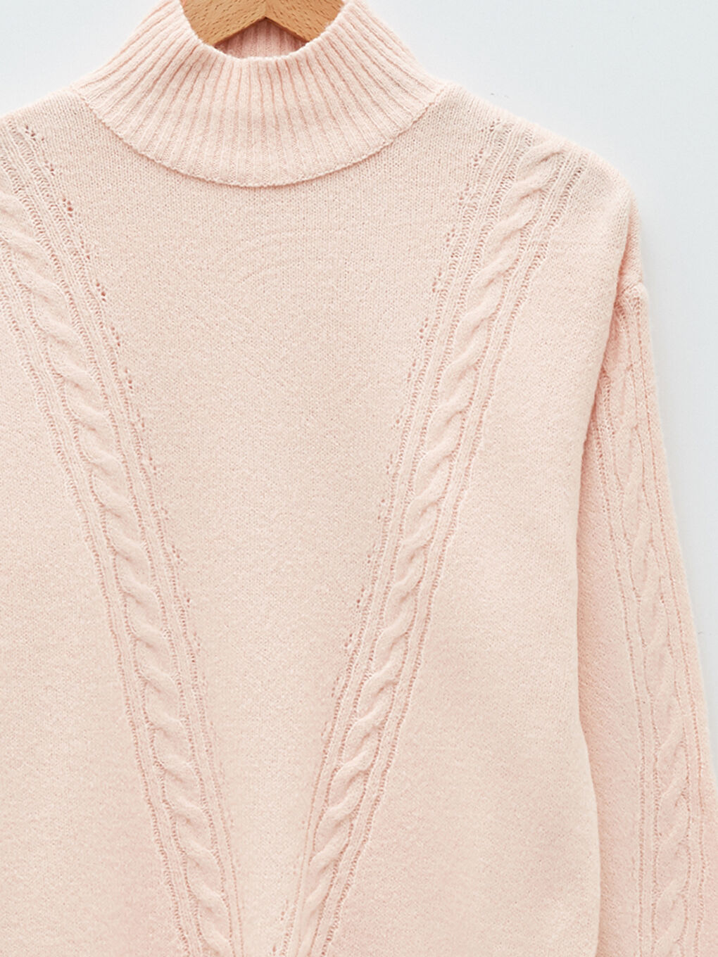 Pembe Balıkçı Yaka Kendinden Desenli Uzun Kollu Kadın Triko Kazak-7