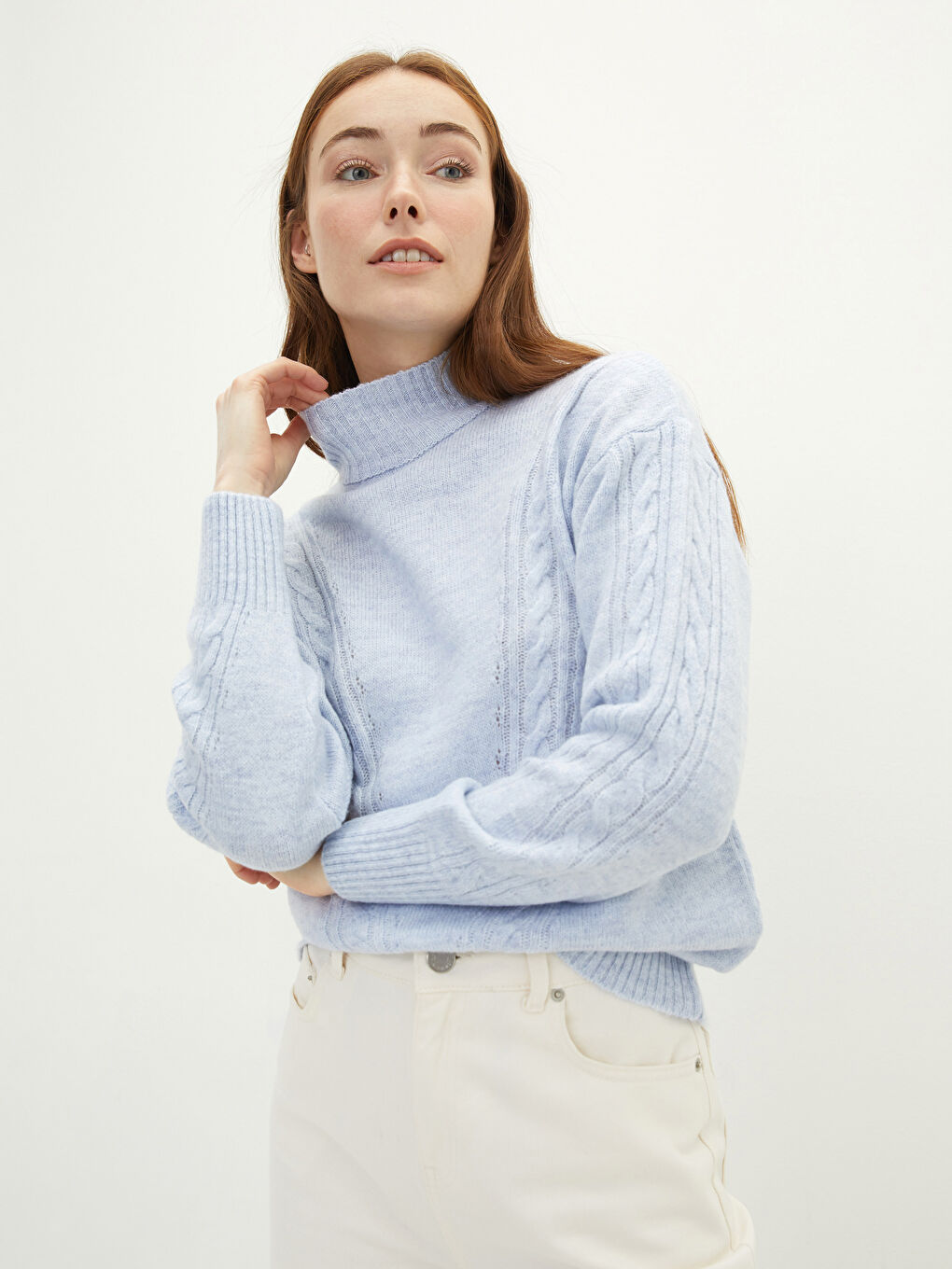 Mavi Balıkçı Yaka Kendinden Desenli Uzun Kollu Kadın Triko Kazak