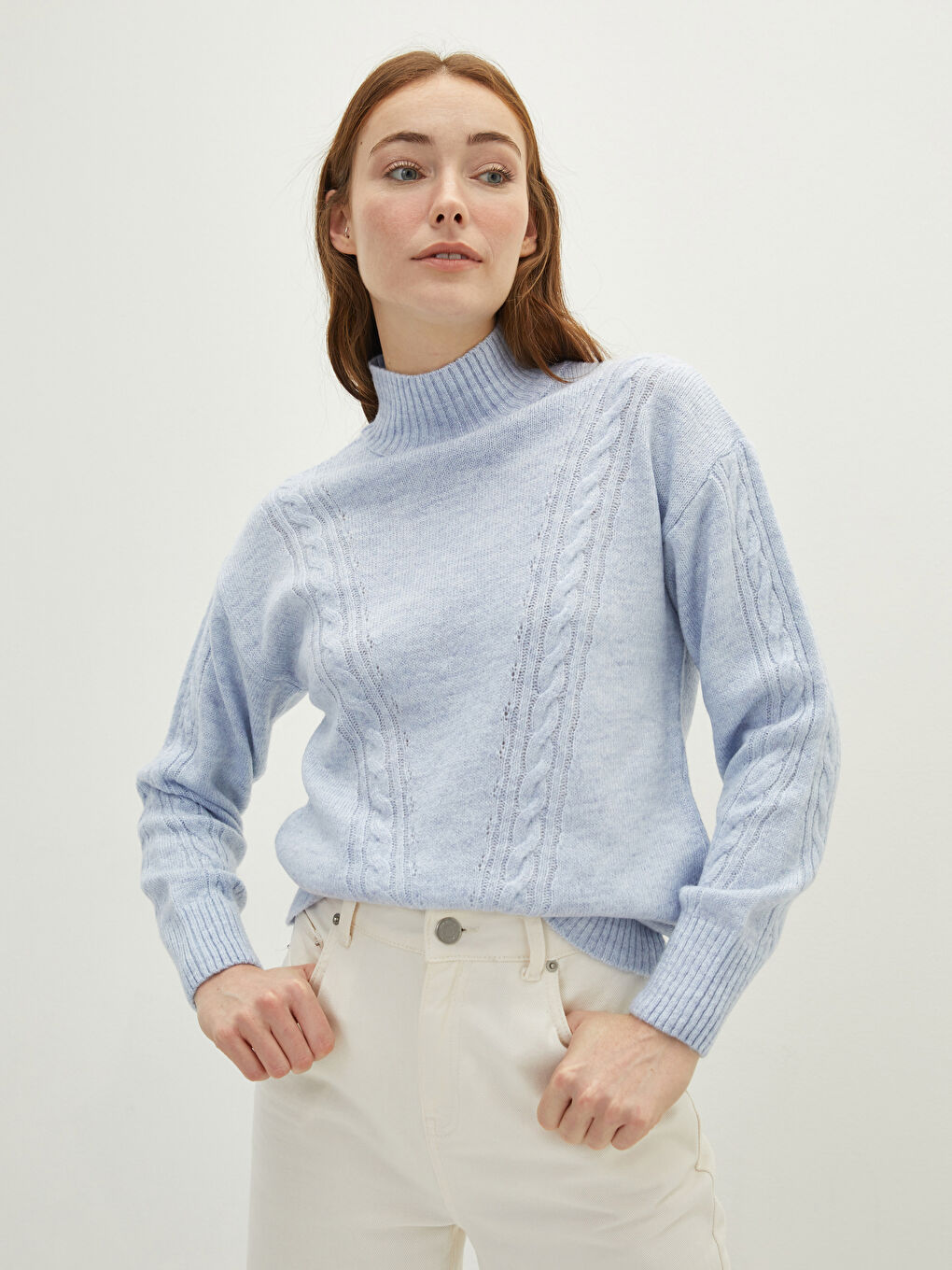 Mavi Balıkçı Yaka Kendinden Desenli Uzun Kollu Kadın Triko Kazak-1