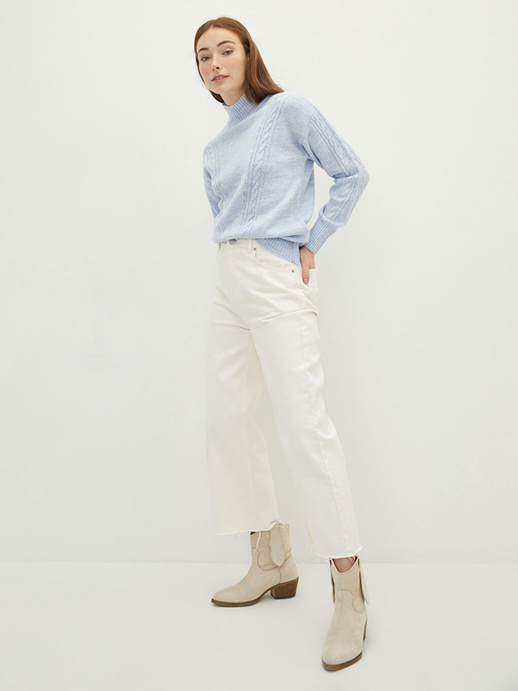 Mavi Balıkçı Yaka Kendinden Desenli Uzun Kollu Kadın Triko Kazak-2