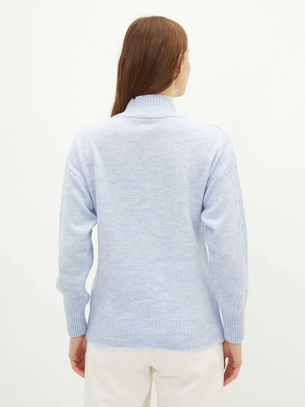 Mavi Balıkçı Yaka Kendinden Desenli Uzun Kollu Kadın Triko Kazak-4