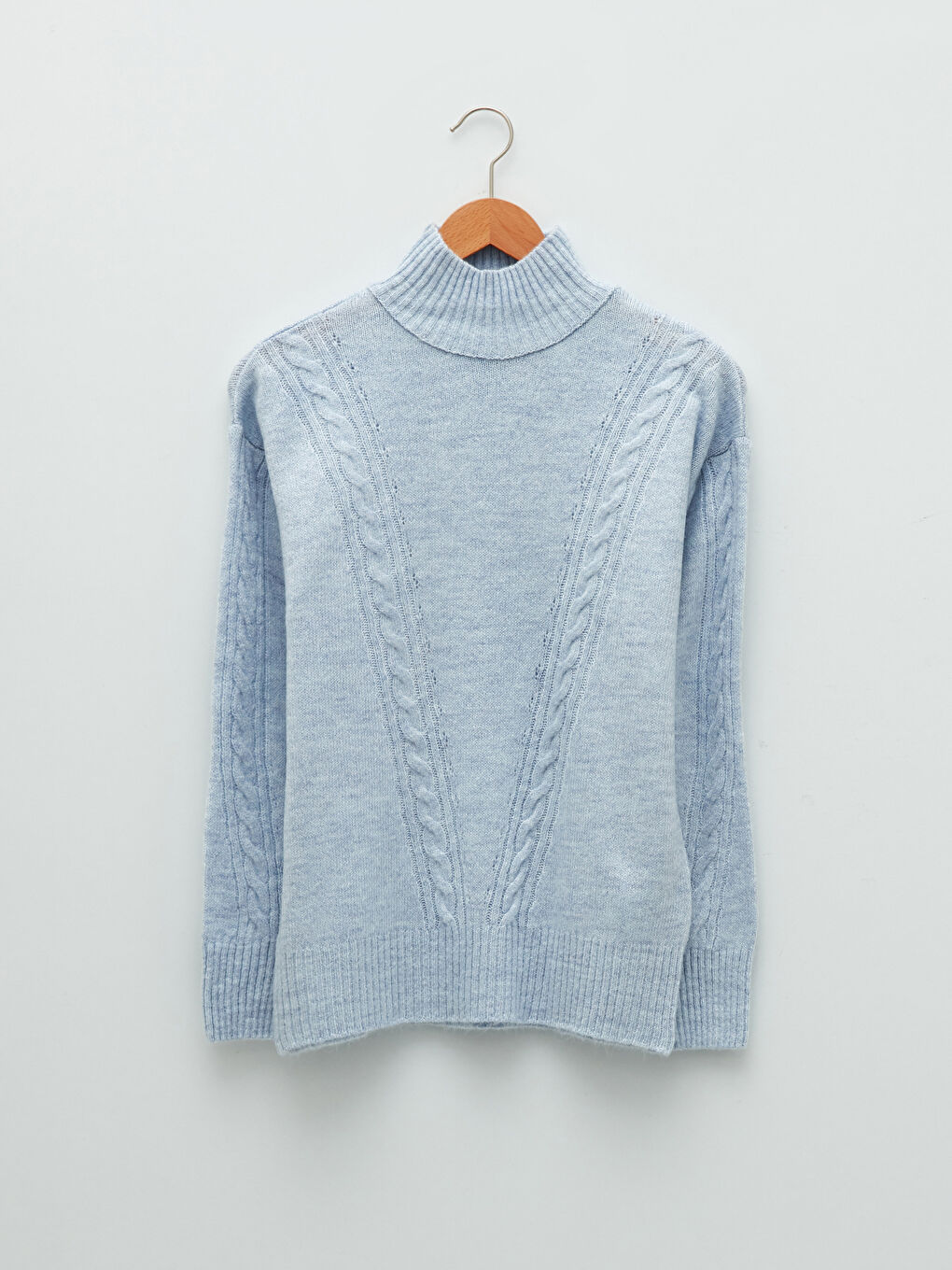 Mavi Balıkçı Yaka Kendinden Desenli Uzun Kollu Kadın Triko Kazak-5