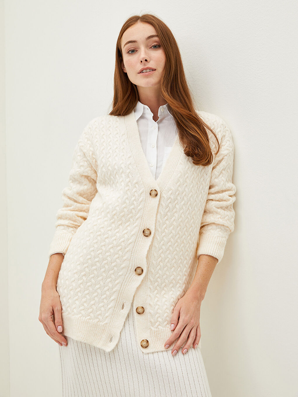 Cardigan Tricotat pentru Femei cu Mânecă Lungă și Model Texturat cu Decolteu în V