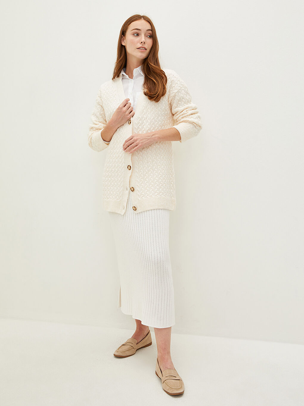 Cardigan Tricotat pentru Femei cu Mânecă Lungă și Model Texturat cu Decolteu în V-3