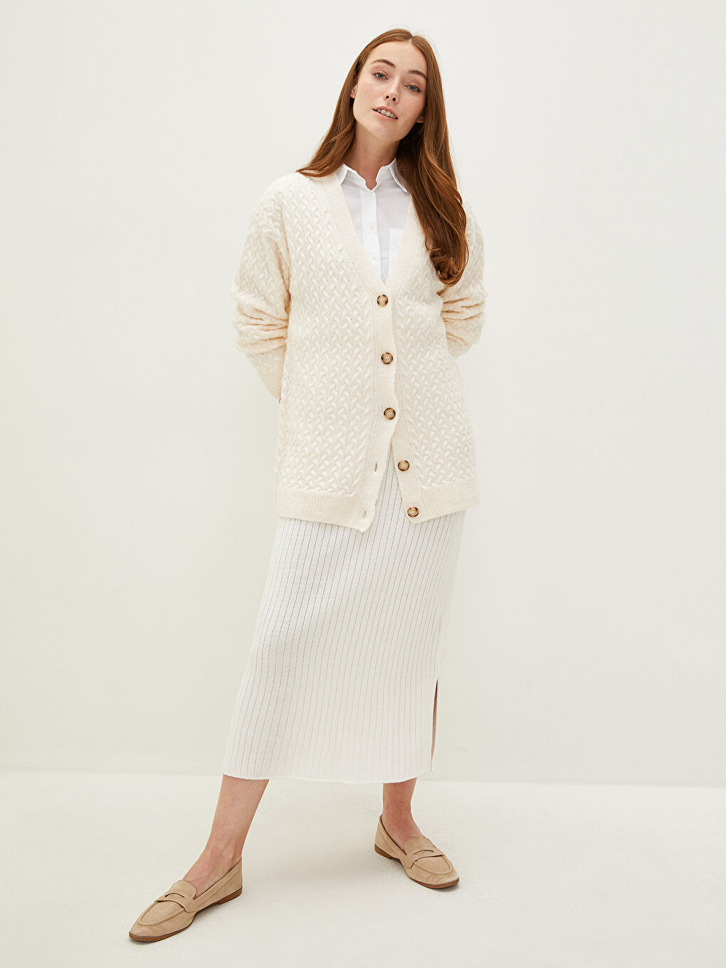 Cardigan Tricotat pentru Femei cu Mânecă Lungă și Model Texturat cu Decolteu în V-4