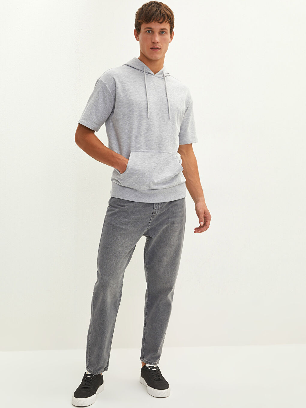 Gri Kısa Kollu Basic Kalın Erkek Hoodie-2